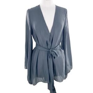Show Me Your Mumu Womens Gray Belted Poly Wrap Jacket Bell Sleeve Size M